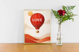 Love Hot Air Balloon Wall Art Print – Romantic Minimal Illustration with Warm Vintage Tones
