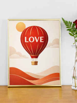 Love Hot Air Balloon Wall Art Print – Romantic Minimal Illustration with Warm Vintage Tones