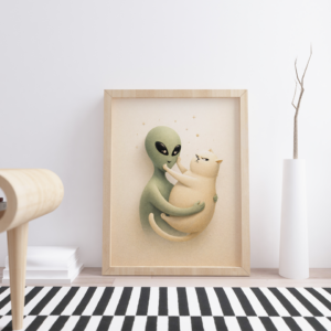 Cute Alien Hugging Cat Whimsical Surreal Art Print
