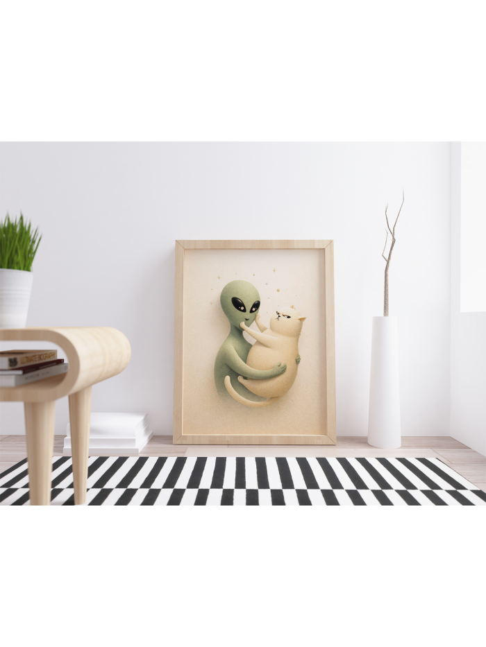 Cute Alien Hugging Cat Whimsical Surreal Art Print