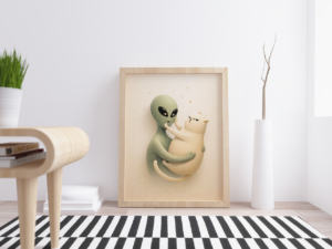 Cute Alien Hugging Cat Whimsical Surreal Art Print