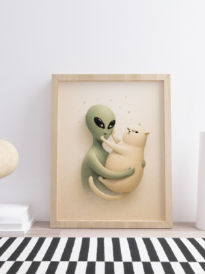Cute Alien Hugging Cat Whimsical Surreal Art Print