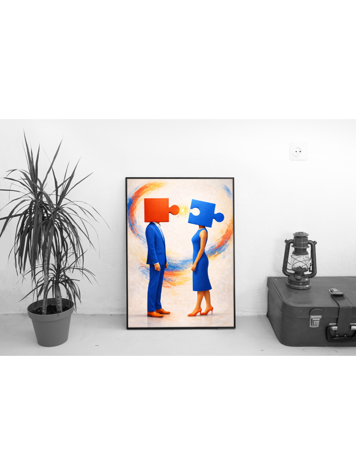 Puzzle Heads Connection Wall Art Print – Conceptual Modern Art About Relationships and Balance