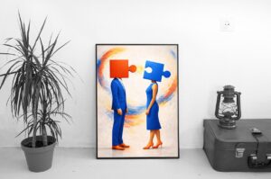 Puzzle Heads Connection Wall Art Print – Conceptual Modern Art About Relationships and Balance
