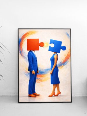 Puzzle Heads Connection Wall Art Print – Conceptual Modern Art About Relationships and Balance