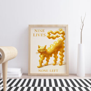 Nine Lives None Left Wall Art Print – Golden Cat Surreal Illustration
