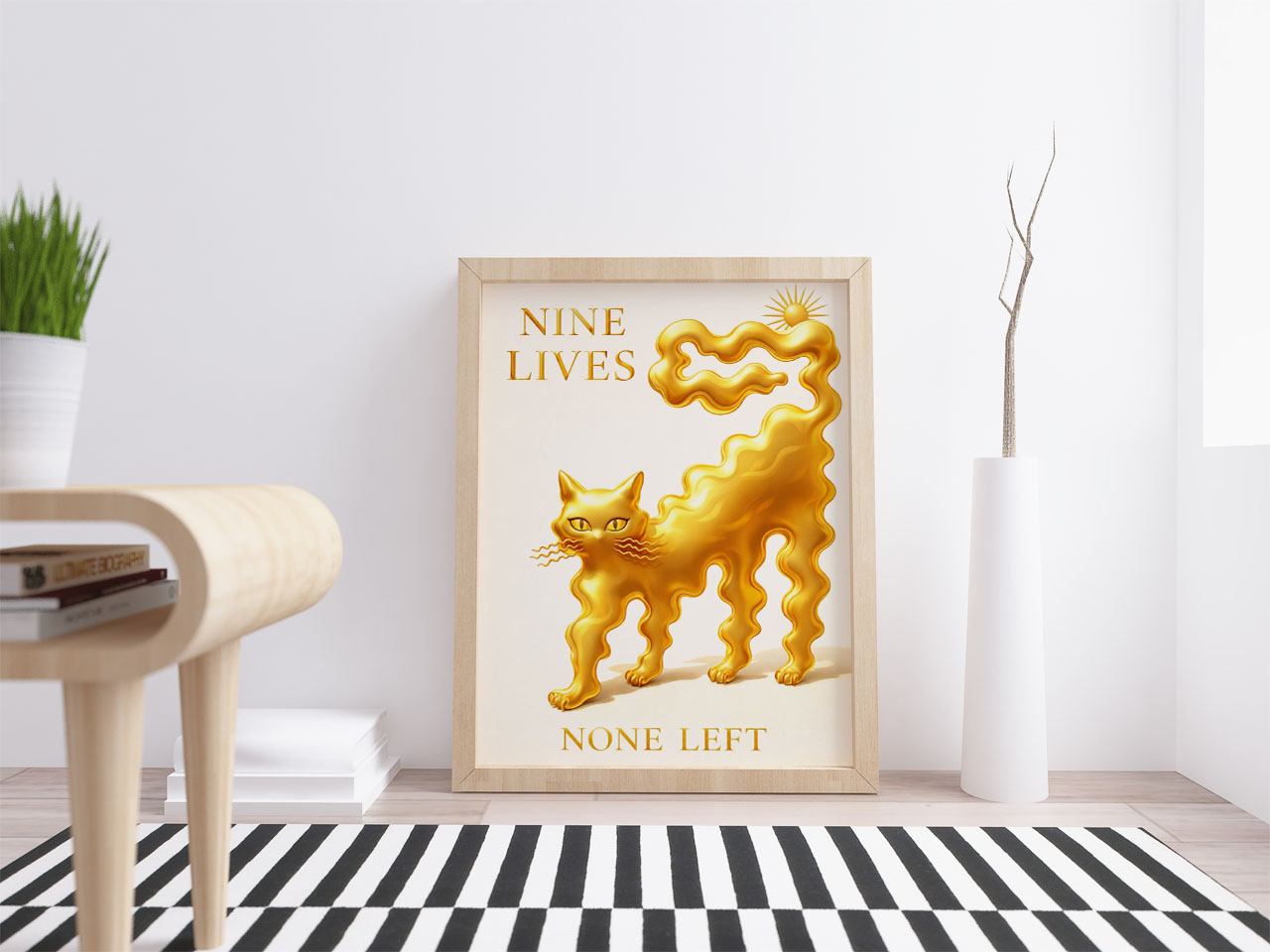 Nine Lives None Left Wall Art Print – Golden Cat Surreal Illustration