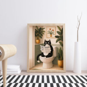 Cat Reading Newspaper Wall Art Print – Bathroom Humor Illustration