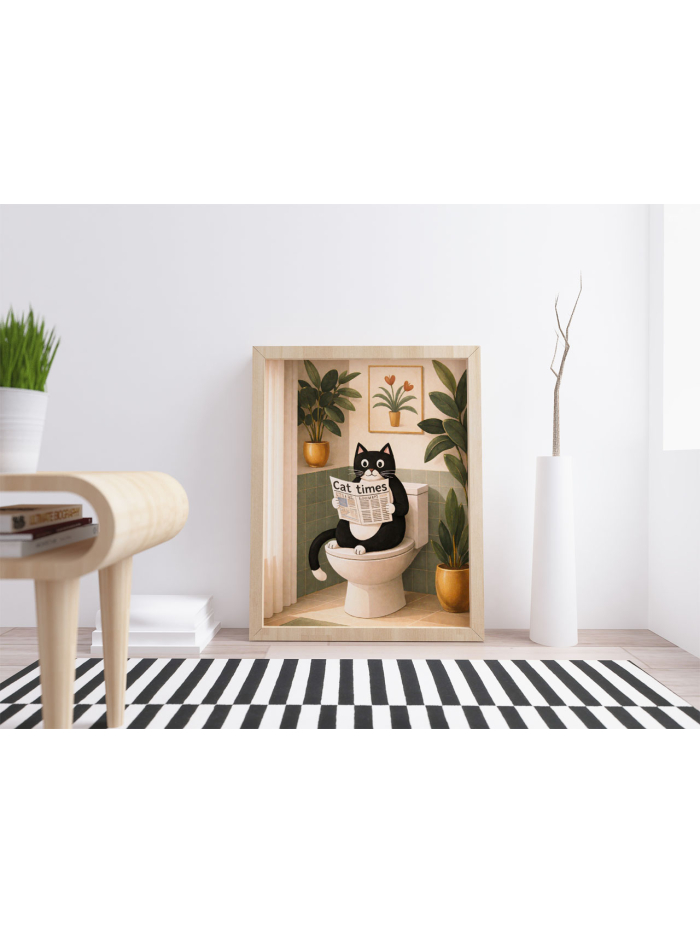 Cat Reading Newspaper Wall Art Print – Bathroom Humor Illustration