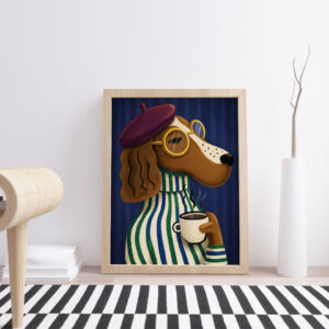 French Dog Coffee Wall Art Print – Stylish Dachshund Illustration, Cozy Morning Café Aesthetic, Whimsical Home Decor