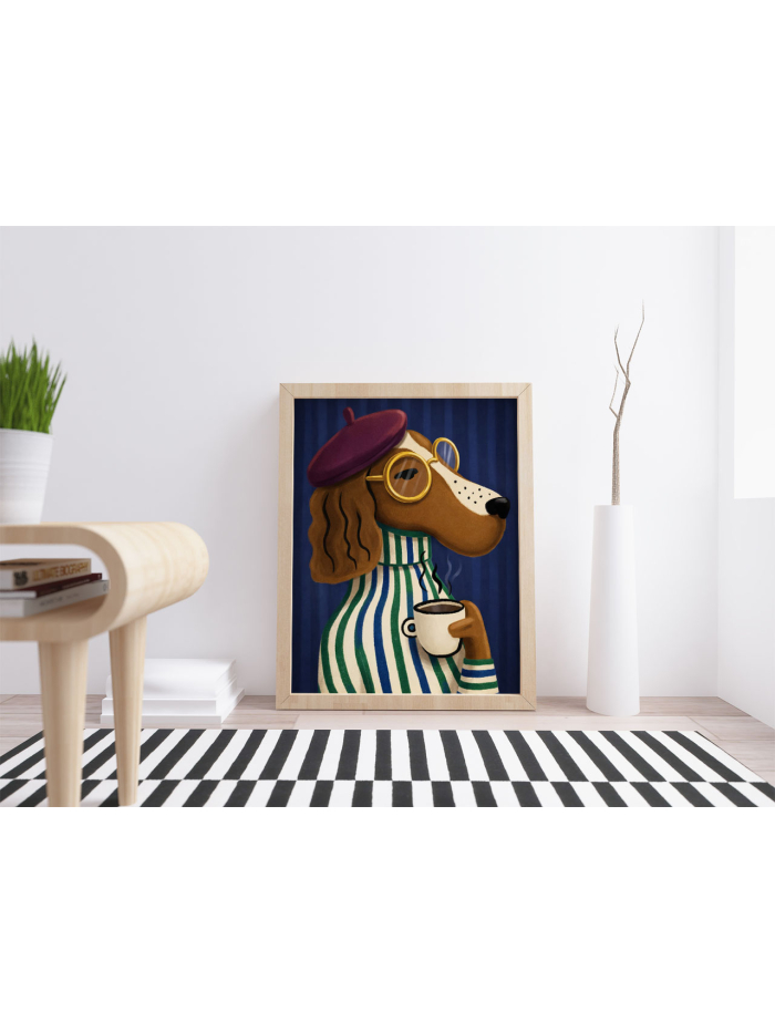 French Dog Coffee Wall Art Print – Stylish Dachshund Illustration, Cozy Morning Café Aesthetic, Whimsical Home Decor