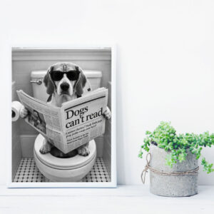 Dog Reading Newspaper Wall Art Print – Funny Black and White Photography, Bathroom Humor Decor