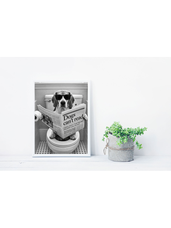 Dog Reading Newspaper Wall Art Print – Funny Black and White Photography, Bathroom Humor Decor