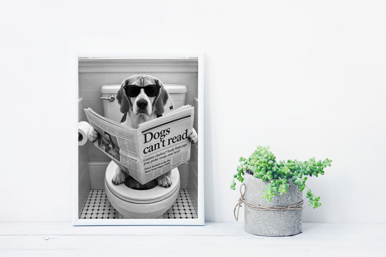 Dog Reading Newspaper Wall Art Print – Funny Black and White Photography, Bathroom Humor Decor
