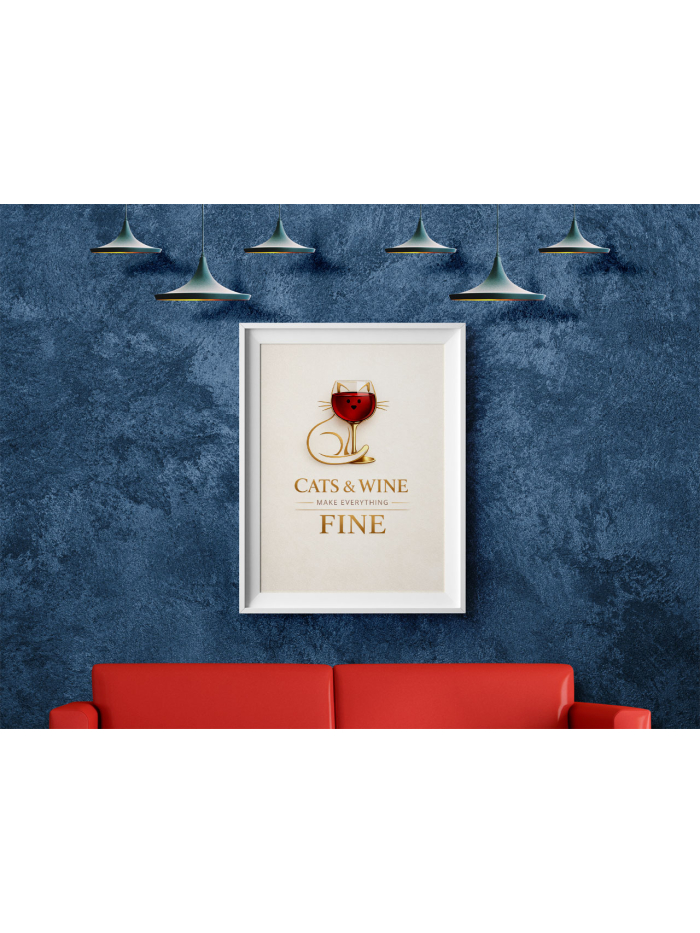 Cats and Wine Make Everything Fine Wall Art Print – Minimalist Humor Illustration
