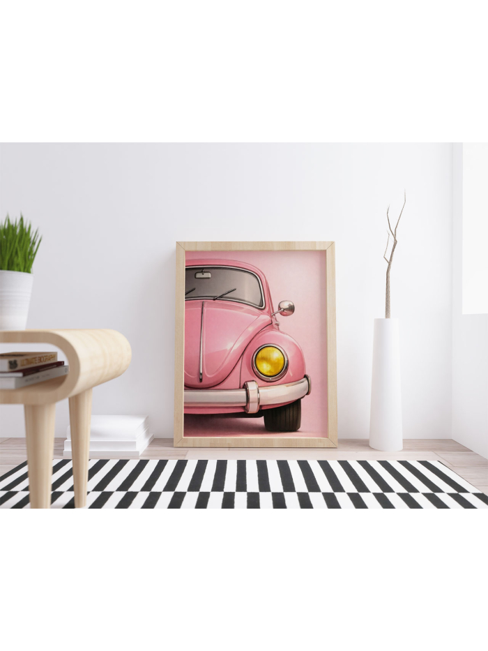 Pink Vintage Car Wall Art Print – Retro Automotive Illustration