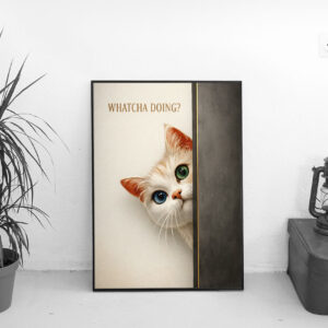 Whatcha Doing? Curious Cat Wall Art Print – Playful Minimalist Animal Illustration for Modern Interiors