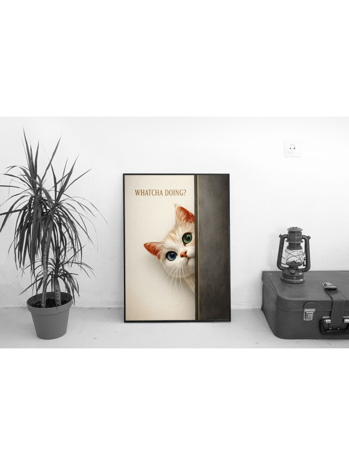 Whatcha Doing? Curious Cat Wall Art Print – Playful Minimalist Animal Illustration for Modern Interiors