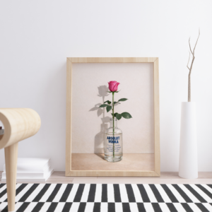 Rose in Vodka Bottle Wall Art Print – Modern Still Life with Floral Elegance and Bold Contrast