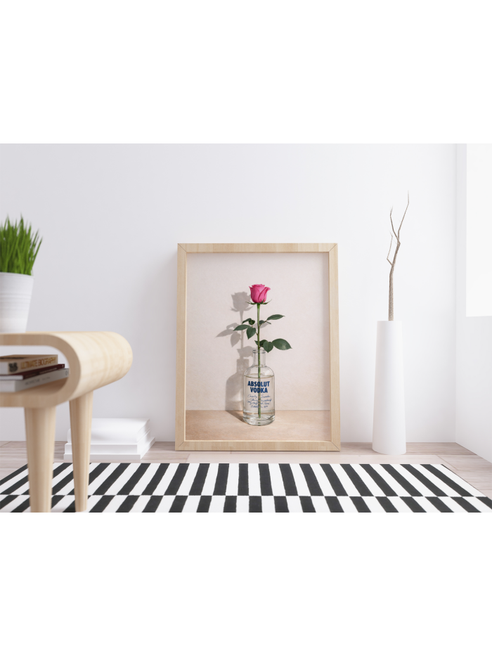 Rose in Vodka Bottle Wall Art Print – Modern Still Life with Floral Elegance and Bold Contrast
