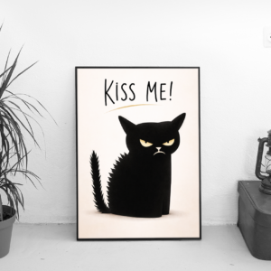 Kiss Me – Minimal Black Cat Attitude Wall Art Print