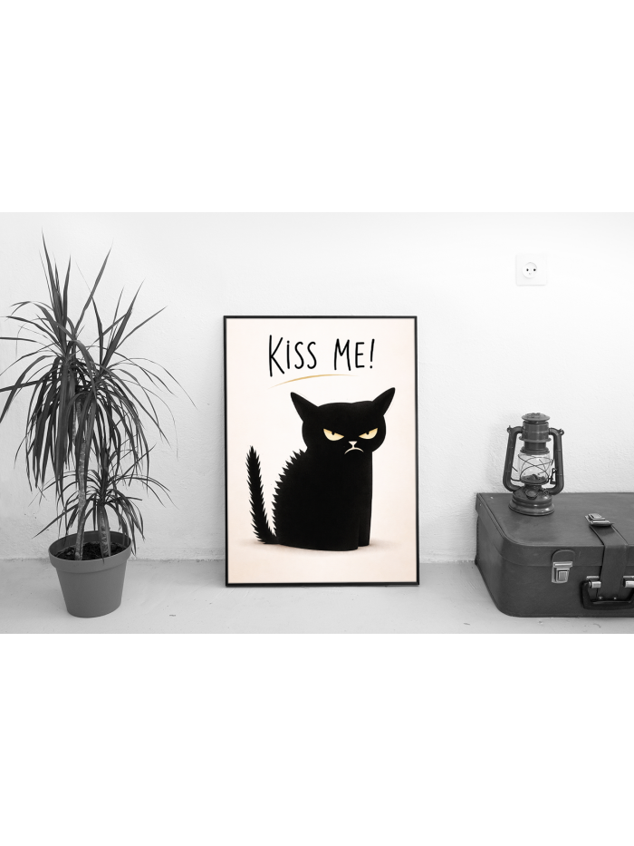 Kiss Me – Minimal Black Cat Attitude Wall Art Print