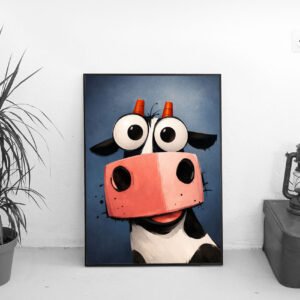 Wide-Eyed Cow Illustration Wall Art Print – Whimsical Farm Animal Art, Playful Modern Decor
