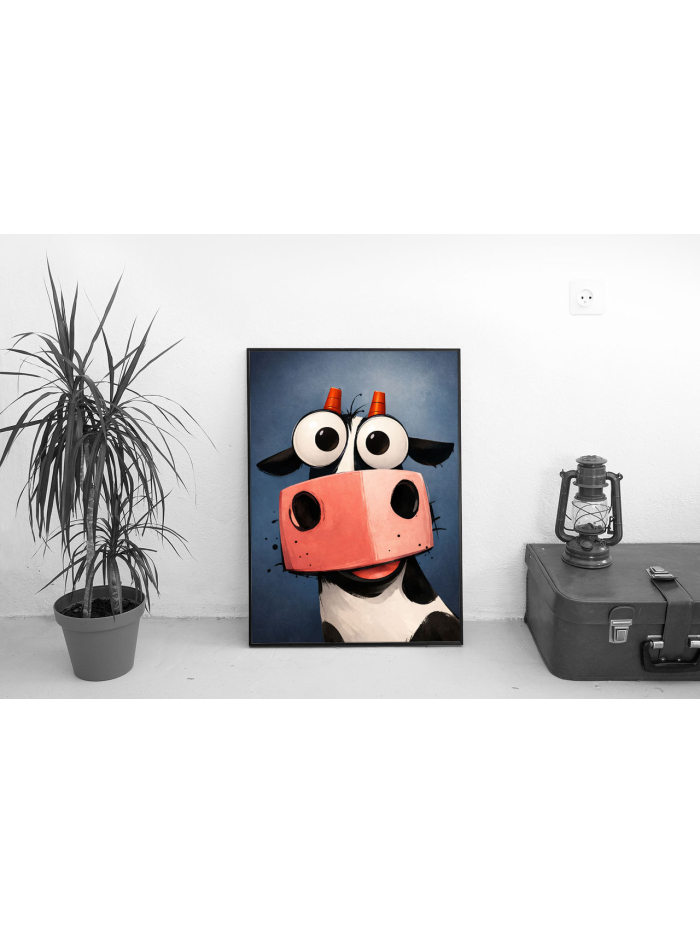 Wide-Eyed Cow Illustration Wall Art Print – Whimsical Farm Animal Art, Playful Modern Decor