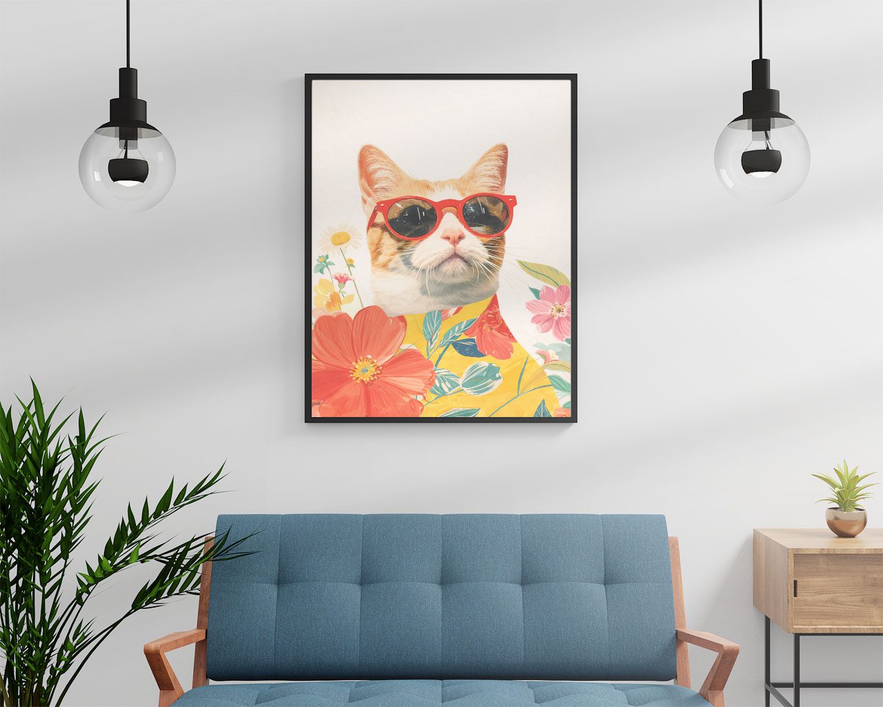 Cool Cat Floral Portrait Wall Art Print – Modern Botanical Illustration