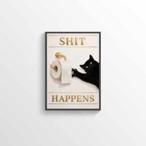 Shit Happens Wall Art Print – Dark Humor Cat Bathroom Illustration
