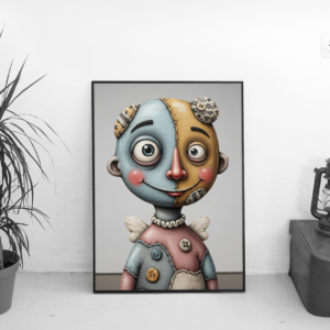 Stitched Smile – Surreal Patchwork Doll Portrait Wall Art Print