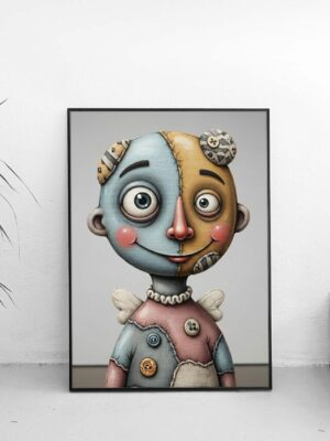 Stitched Smile – Surreal Patchwork Doll Portrait Wall Art Print