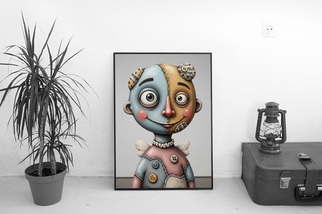 Stitched Smile – Surreal Patchwork Doll Portrait Wall Art Print