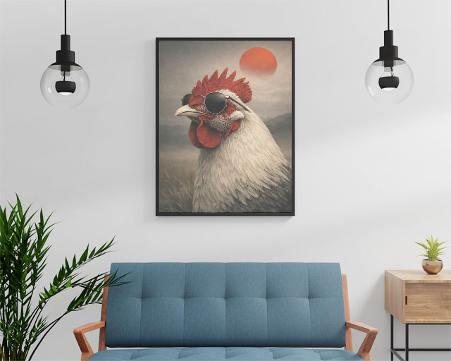 Cool Rooster Wall Art Print – Surreal Animal Portrait, Modern Humor Decor