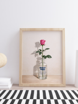 Rose in Vodka Bottle Wall Art Print – Modern Still Life with Floral Elegance and Bold Contrast