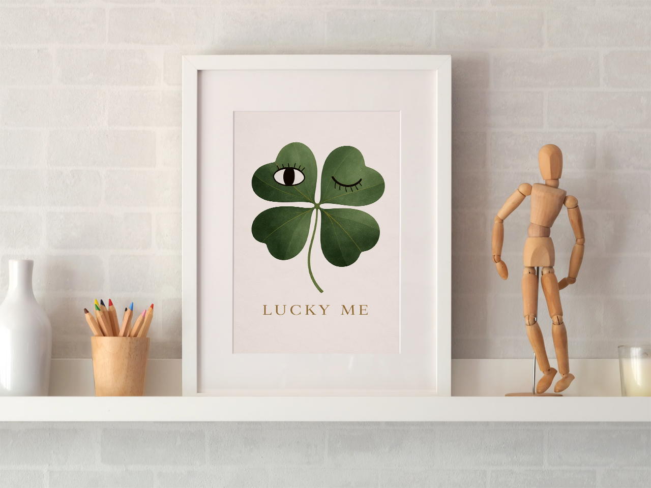 Lucky Me Clover Wall Art Print – Minimal Green Botanical Symbol of Luck and Positivity