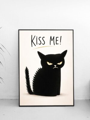 Kiss Me – Minimal Black Cat Attitude Wall Art Print