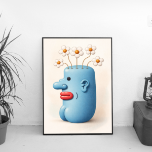 Surreal Blue Head with Blooming Flowers Modern Art Print