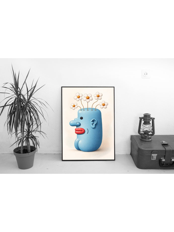 Surreal Blue Head with Blooming Flowers Modern Art Print