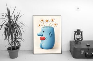 Surreal Blue Head with Blooming Flowers Modern Art Print