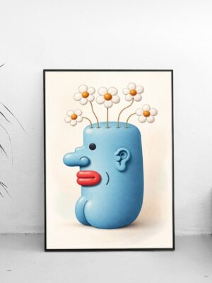 Surreal Blue Head with Blooming Flowers Modern Art Print