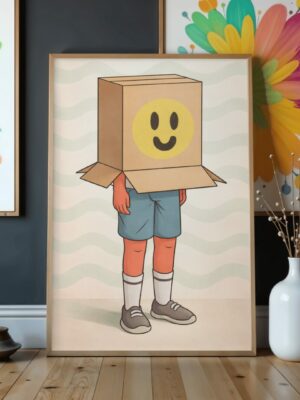 Smiley Box Head Wall Art Print – Playful Surreal Illustration, Modern Minimal Humor Decor