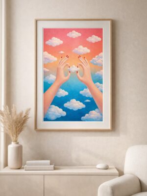 Surreal Cloud Art Print – Dreamy Hands Holding a Cloud, Minimalist Pastel Sky Wall Art, Modern Calming Illustration