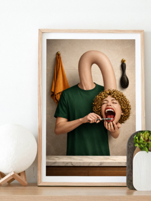 Surreal Morning Routine Wall Art Print – Absurd Conceptual Bathroom Illustration