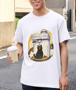 Cat Barista – Cute Espresso Machine Design Unisex T-Shirt (100% Cotton) – Premium Graphic Tee