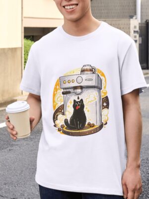 Cat Barista – Cute Espresso Machine Design Unisex T-Shirt (100% Cotton) – Premium Graphic Tee