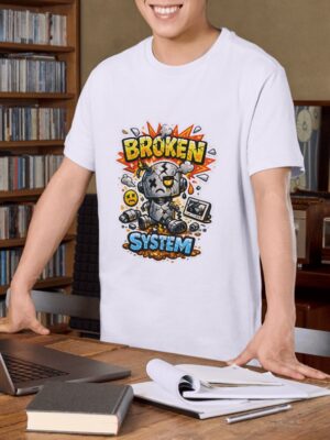 Broken System – Funny Robot Chaos Unisex T-Shirt (100% Cotton) – Premium Graphic Tee