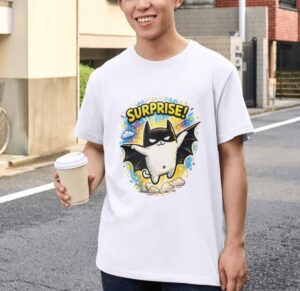 Surprise Bat Cat – Funny Cute Superhero Cat Unisex T-Shirt (100% Cotton) – Premium Graphic Tee