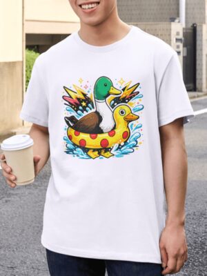 Funny Duck Float Cartoon Premium Cotton T-Shirt | Soft Unisex Graphic Tee
