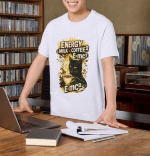 Energy = Milk x Coffee² Cat Science Premium Cotton T-Shirt | Soft Unisex Graphic Tee